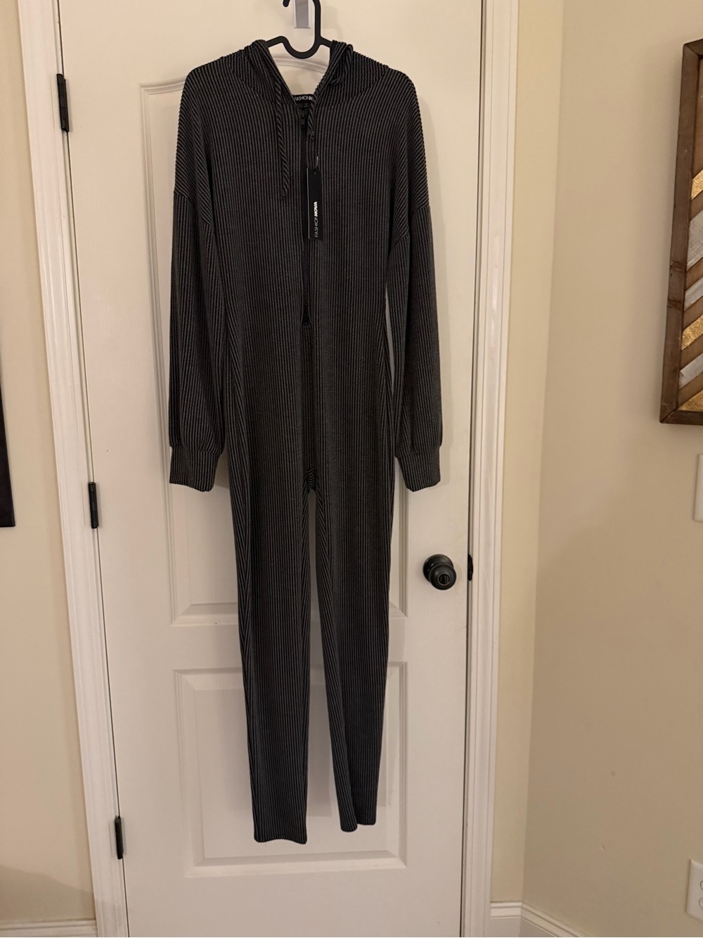 NWT Fashion Nova Hooded Ribbed Jumpsuit Charcoal Black Stripe Zip Front Size L